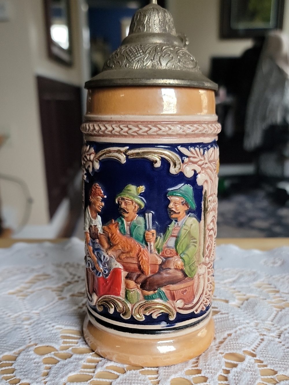 Vintage German Beer Stein with Colorful Tavern Scene